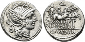 C. Fundanius, 101 BC. Denarius (Silver, 18 mm, 3.93 g, 9 h), Rome. Head of Roma to right, wearing winged helmet; behind, G with pellet above. Rev. C•F...