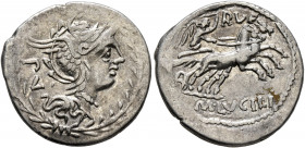 M. Lucilius Rufus, 101 BC. Denarius (Silver, 21 mm, 3.87 g, 5 h), Rome. PV Head of Roma to right, wearing winged helmet; all within laurel wreath. Rev...