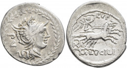 M. Lucilius Rufus, 101 BC. Denarius (Silver, 22 mm, 3.73 g, 8 h), Rome. PV Head of Roma to right, wearing winged helmet; all within laurel wreath. Rev...