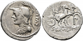 P. Servilius M.f. Rullus, 100 BC. Denarius (Silver, 20.5 mm, 3.70 g, 6 h), Rome. RVLLI Bust of Minerva to left, wearing crested Corinthian helmet and ...
