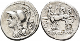 P. Servilius M.f. Rullus, 100 BC. Denarius (Silver, 21 mm, 4.00 g, 6 h), Rome. RVLLI Bust of Minerva to left, wearing crested Corinthian helmet and ae...