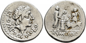 L. Pomponius Molo, 97 BC. Denarius (Silver, 19 mm, 3.73 g, 8 h), Rome. L•POMPON•MOLO Laureate head of Apollo to right. Rev. NU MA PO MP IL Numa Pompil...