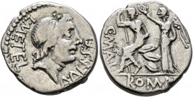 C. Malleolus, A. Albinus Sp.f., and L. Caecilius Metellus, 96 BC. Denarius (Silver, 19 mm, 3.83 g, 1 h), Rome. L•METEL – A•ALB•S•F Laureate head of Ap...