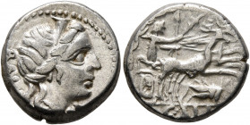 C. Allius Bala, 92 BC. Denarius (Silver, 16 mm, 3.86 g, 2 h), Rome. BALA Diademed female head (of Diana?) to right; below chin, control letter. Rev. C...