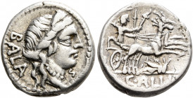 C. Allius Bala, 92 BC. Denarius (Silver, 17 mm, 3.78 g, 5 h), Rome. BALA Diademed female head (of Diana?) to right; below chin, S. Rev. C•ALLI Diana d...