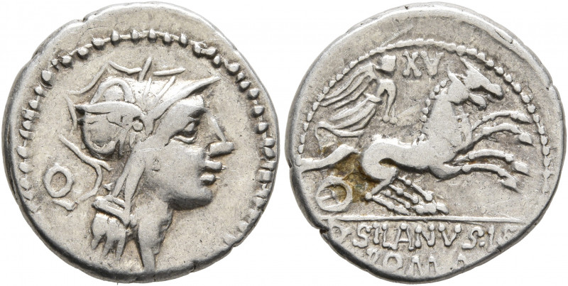 D. Silanus L.f, 91 BC. Denarius (Silver, 19 mm, 4.00 g, 5 h), Rome. Head of Roma...