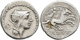 D. Silanus L.f, 91 BC. Denarius (Silver, 19 mm, 4.00 g, 5 h), Rome. Head of Roma to right, wearing winged helmet; behind, Q. Rev. D•SILANVS•L•F / ROMA...