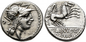 D. Silanus L.f, 91 BC. Denarius (Silver, 17 mm, 3.82 g, 5 h), Rome. Head of Roma to right, wearing winged helmet; behind, Π. Rev. D•SILANVS•L•F / ROMA...