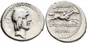 L. Calpurnius Piso Frugi, 90 BC. Denarius (Silver, 20 mm, 3.79 g, 4 h), Rome. Laureate head of Apollo to right; behind CXXI. Rev. L PISO FRVGI / RO MA...