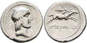 L. Calpurnius Piso Frugi, 90 BC. Denarius (Silver, 19 mm, 3.78 g, 9 h), Rome. Laureate head of Apollo to right; behind, S; below chin, B. Rev. L PISO ...