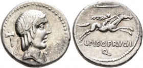 L. Calpurnius Piso Frugi, 90 BC. Denarius (Silver, 18 mm, 4.00 g, 5 h), Rome. Laureate head of Apollo to right; behind, labrys; below chin, B. Rev. L ...