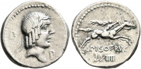 L. Calpurnius Piso Frugi, 90 BC. Denarius (Silver, 18 mm, 4.00 g, 3 h), Rome. Laureate head of Apollo to right; behind, control letter; below chin, co...