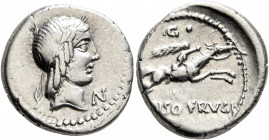 L. Calpurnius Piso Frugi, 90 BC. Denarius (Silver, 18 mm, 4.08 g, 12 h), Rome. Laureate head of Apollo to right; below chin, N. Rev. L PISO FRVGI / C•...