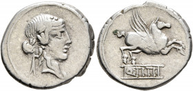 Q. Titius, 90 BC. Denarius (Silver, 19 mm, 4.25 g, 7 h), Rome. Head of Bacchus to right, wearing wreath of ivy. Rev. Pegasus to right; below, Q•TITI i...