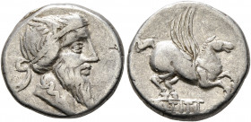 Q. Titius, 90 BC. Denarius (Silver, 17 mm, 4.00 g, 1 h), Rome. Bearded head of Mutinus Titinius to right, wearing winged diadem. Rev. Pegasus to right...