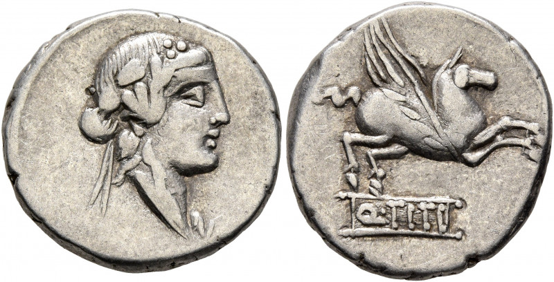 Q. Titius, 90 BC. Denarius (Silver, 18 mm, 3.84 g, 7 h), Rome. Head of Bacchus t...