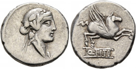 Q. Titius, 90 BC. Denarius (Silver, 18 mm, 3.84 g, 7 h), Rome. Head of Bacchus to right, wearing wreath of ivy. Rev. Pegasus to right; below, Q•TITI i...