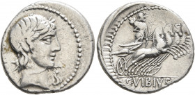 C. Vibius C.f. Pansa, 90 BC. Denarius (Silver, 19 mm, 3.15 g, 1 h), Rome. PANSA Laureate head of Apollo to right; below chin, serpent. Rev. C•VIBIVS•C...