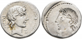 C. Vibius C.f. Pansa, 90 BC. Denarius (Silver, 19 mm, 4.00 g, 12 h), brockage mint error, Rome. PANSA Laureate head of Apollo to right; below chin, T....
