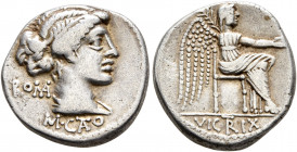 M. Cato, 89 BC. Denarius (Silver, 17 mm, 3.95 g, 9 h), Rome. RO MA / M•C AT O Diademed and draped bust of female to right. Rev. VIC TR IX Victory seat...