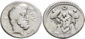 L. Titurius L.f. Sabinus, 89 BC. Denarius (Silver, 19 mm, 3.91 g, 6 h), Rome. SABINA A•PV Bare-headed and bearded head of King Titus Tatius to right; ...