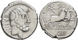 L. Titurius L.f. Sabinus, 89 BC. Denarius (Silver, 19 mm, 4.15 g, 7 h), Rome. SABIN Bare-headed and bearded head of King Titus Tatius to right. Rev. L...