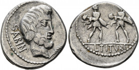 L. Titurius L.f. Sabinus, 89 BC. Denarius (Silver, 19 mm, 4.05 g, 7 h), Rome. SABIN Bare-headed and bearded head of King Titus Tatius to right; in low...