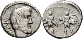 L. Titurius L.f. Sabinus, 89 BC. Denarius (Silver, 18 mm, 3.86 g, 7 h), Rome. SABIN Bare-headed and bearded head of King Titus Tatius to right. Rev. L...