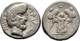 L. Titurius L.f. Sabinus, 89 BC. Denarius (Silver, 18 mm, 3.85 g, 8 h), Rome. SABIN A•PV Bare-headed and bearded head of King Titus Tatius to right; b...