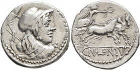 Cn. Lentulus Clodianus, 88 BC. Denarius (Silver, 19 mm, 3.94 g, 4 h), Rome. Helmeted bust of Mars to right, seen from behind, wearing balteus, holding...