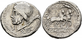 L. and C. Memmius L.f. Galeria, 87 BC. Denarius (Silver, 19 mm, 3.71 g, 2 h), Rome. EX•S•C Laureate head of Saturn to left; to left, two pellets and L...
