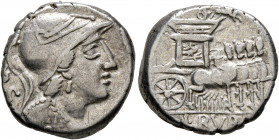 L. Rubrius Dossenus, 87 BC. Denarius (Silver, 17 mm, 4.05 g, 7 h), Rome. Helmeted bust of Minerva to right, wearing aegis; behind, DOS. Rev. L•RVBRI T...