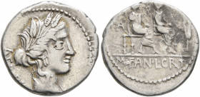 M. Fannius and L. Critonius, 86 BC. Denarius (Silver, 19 mm, 3.90 g, 12 h), Rome. AED•PL Draped bust of Ceres to right, wearing wreath of grain ears. ...