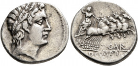 Gargilius, Ogulnius, and Vergilius, 86 BC. Denarius (Silver, 18 mm, 4.06 g, 12 h), Rome. Head of Apollo to right, wearing oak wreath; below, thunderbo...
