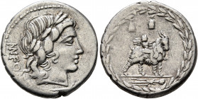 Mn. Fonteius C.f, 85 BC. Denarius (Silver, 18.5 mm, 3.98 g, 6 h), Rome. MN •FO NT [EI C•F] Laureate head of Apollo to right; below, thunderbolt. Rev. ...