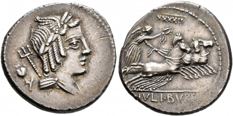 L. Julius Bursio, 85 BC. Denarius (Silver, 19 mm, 4.00 g, 2 h), Rome. Laureate, ...