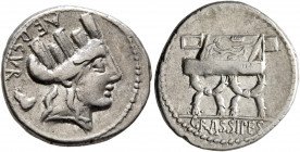 P. Furius Crassipes, 84 BC. Denarius (Silver, 20 mm, 3.82 g, 2 h), Rome. AED•CVR Turreted head of Cybele to right; behind, foot upwards. Rev. Curule c...