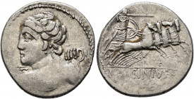 C. Licinius L.f. Macer, 84 BC. Denarius (Silver, 20.5 mm, 3.59 g, 10 h), Rome. Bust of Apollo to left, seen from behind, holding thunderbolt in his ri...