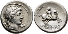 Pub. Crepusius, 82 BC. Denarius (Silver, 18 mm, 3.76 g, 7 h), Rome. Laureate head of Apollo to right; behind, scepter and control; before, grasshopper...