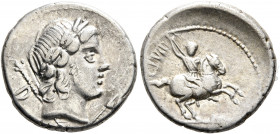 Pub. Crepusius, 82 BC. Denarius (Silver, 17 mm, 3.60 g, 11 h), Rome. Laureate head of Apollo to right; behind, scepter and D; before, poppy head with ...