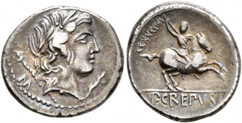 Pub. Crepusius, 82 BC. Denarius (Silver, 18 mm, 3.75 g, 4 h), Rome. Laureate hea...