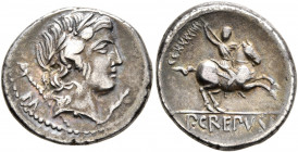 Pub. Crepusius, 82 BC. Denarius (Silver, 18 mm, 3.75 g, 4 h), Rome. Laureate head of Apollo to right; behind, scepter and M; before, lizard. Rev. P•CR...