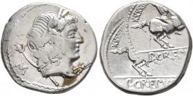 Pub. Crepusius, 82 BC. Denarius (Silver, 19 mm, 3.65 g, 1 h), Rome. Laureate head of Apollo to right; behind, scepter and M; before, thunderbolt. Babe...
