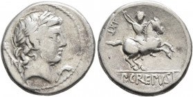 Pub. Crepusius, 82 BC. Denarius (Silver, 18 mm, 3.85 g, 12 h), Rome. Laureate head of Apollo to right; behind, scepter; before, sickle. Rev. P•CREPVSI...