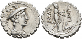 C. Mamilius Limetanus, 82 BC. Denarius (Silver, 19 mm, 3.91 g, 5 h), Rome. Draped bust of Mercury to right, wearing winged petasos; behind, M above ca...