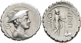 C. Mamilius Limetanus, 82 BC. Denarius (Silver, 20 mm, 3.78 g, 3 h), Rome. Draped bust of Mercury to right, wearing winged petasos; behind, M above ca...