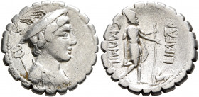 C. Mamilius Limetanus, 82 BC. Denarius (Silver, 18 mm, 3.61 g, 6 h), Rome. Draped bust of Mercury to right, wearing winged petasos; behind, M above ca...