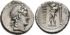 L. Censorinus, 82 BC. Denarius (Silver, 18 mm, 3.86 g, 10 h), Rome. Laureate head of Apollo to right. Rev. L•CENSOR Marsyas, bald-headed, standing to ...