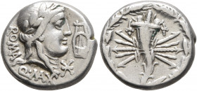 Q. Fabius Maximus, 82-80 BC. Denarius (Silver, 16 mm, 3.80 g, 6 h), restored issue, Rome. ROMA - Q• MA X Laureate head of Apollo; to right, lyre. Rev....