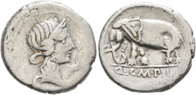Q. Caecilius Metellus Pius, 81 BC. Denarius (Silver, 19 mm, 3.88 g, 5 h), Rome. Diademed head of Pietas to right; before, stork. Rev. Q•C•M•P•I Elepha...